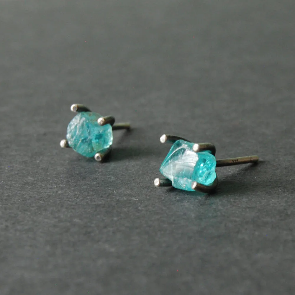 Raw Apatite & Antiqued Sterling Silver Stud Earrings