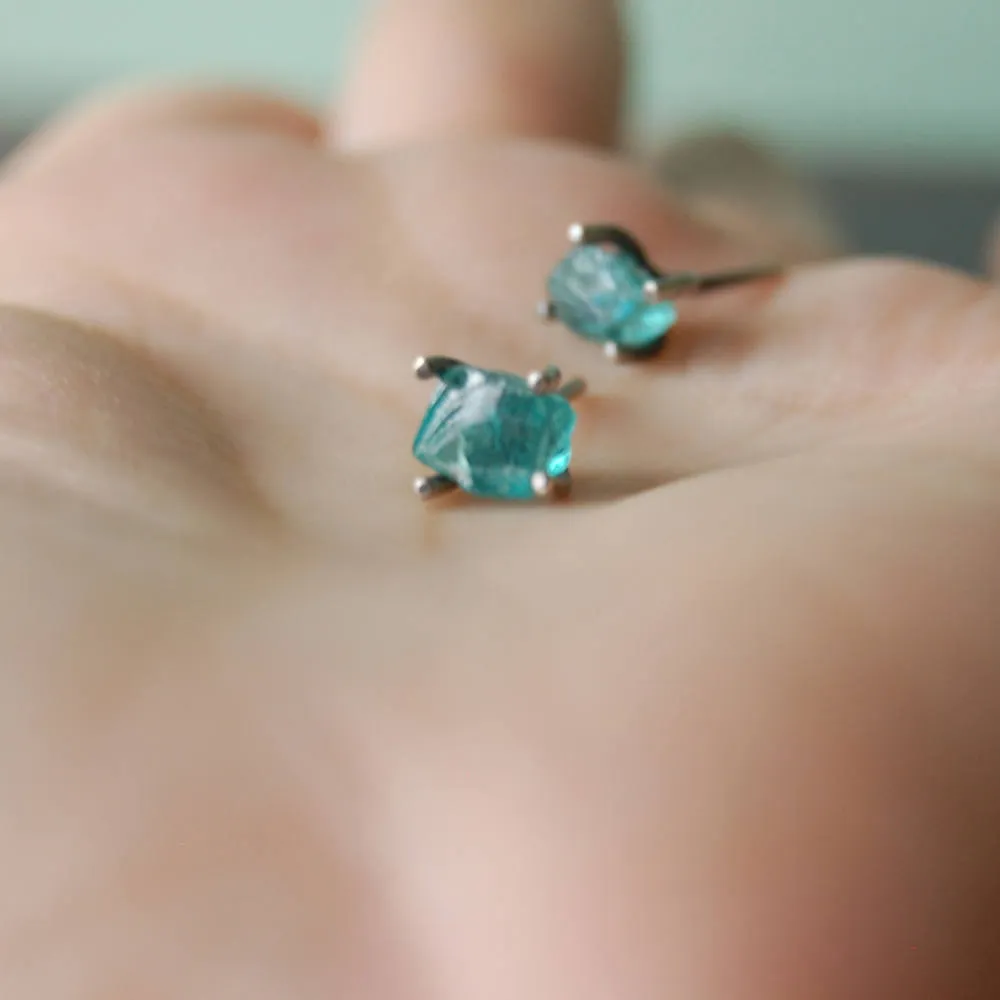 Raw Apatite & Antiqued Sterling Silver Stud Earrings