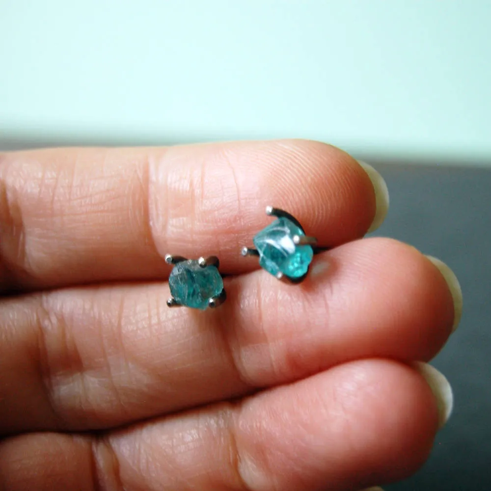 Raw Apatite & Antiqued Sterling Silver Stud Earrings