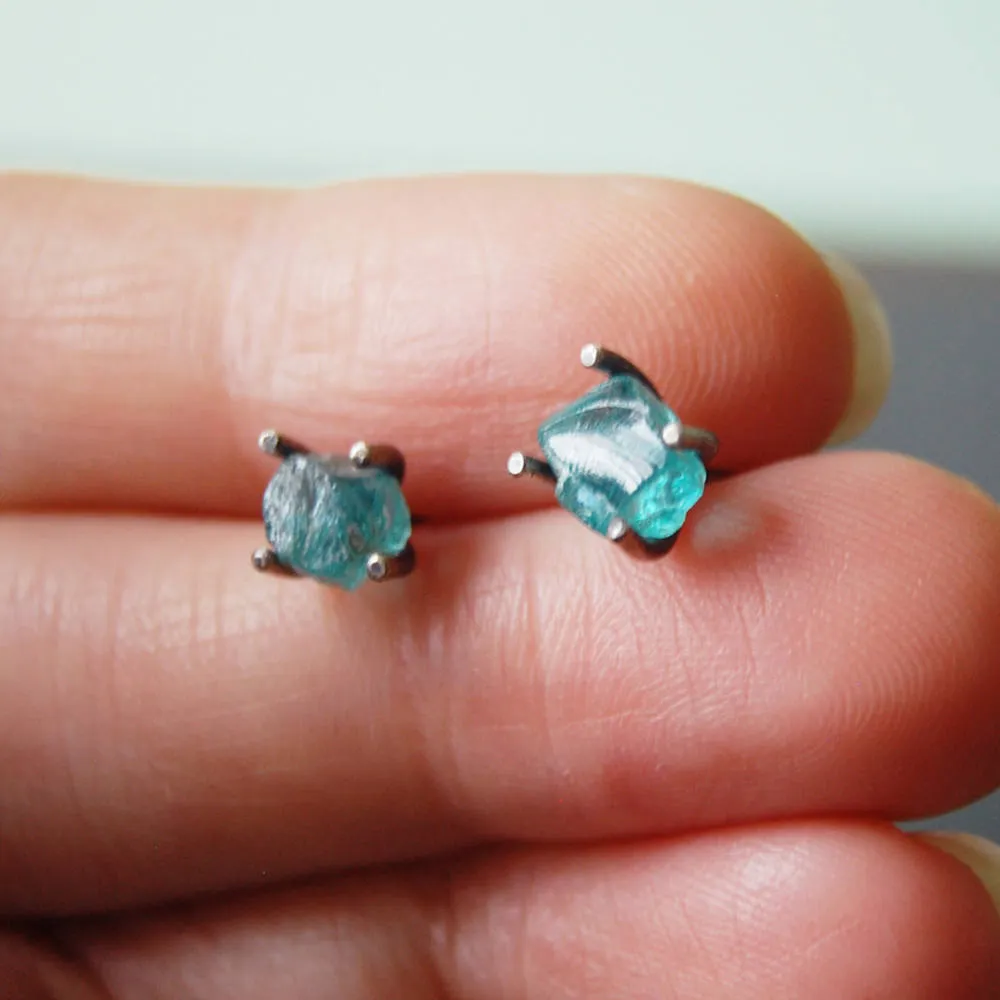 Raw Apatite & Antiqued Sterling Silver Stud Earrings