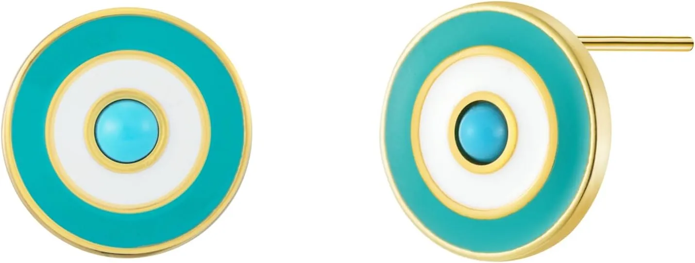 Real Turquoise Classic Evil Eye Stud Earrings Jewelry with 14K Gold Plated & 925 Sterling Silver Back Posts