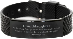 Religious Gifts for Granddaughter 2 Timothy 1:7 Black Shark Mesh Bracelet Inspirational for Granddaughter Christmas Unique Prayer Gifts For the Spirit God gave us does not make us timid.