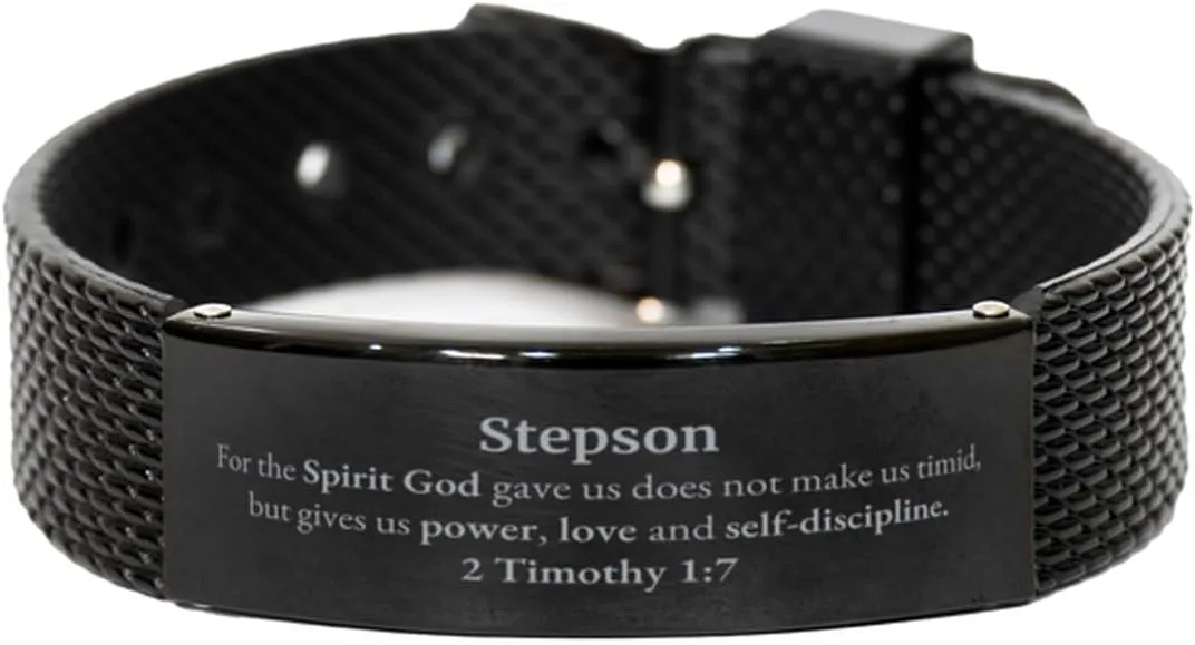 Religious Gifts for Stepson 2 Timothy 1:7 Black Shark Mesh Bracelet Inspirational for Stepson Christmas Unique Prayer Gifts For the Spirit God gave us does not make us timid.