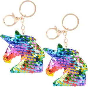 Rhode Island Novelty 3 Inch Flip Sequin Plush Rainbow Silver Unicorn Keychains, Two per Order