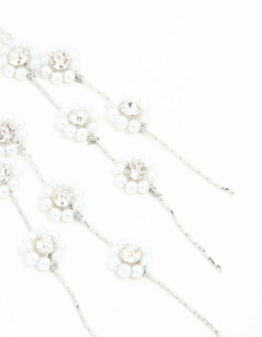 Rhodium Multirow Pearl & Diamante Flower Drop Earrings
