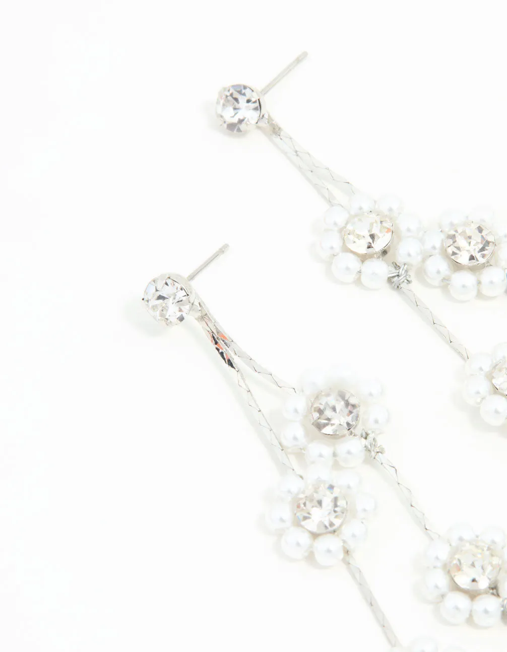 Rhodium Multirow Pearl & Diamante Flower Drop Earrings