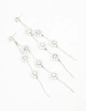 Rhodium Multirow Pearl & Diamante Flower Drop Earrings