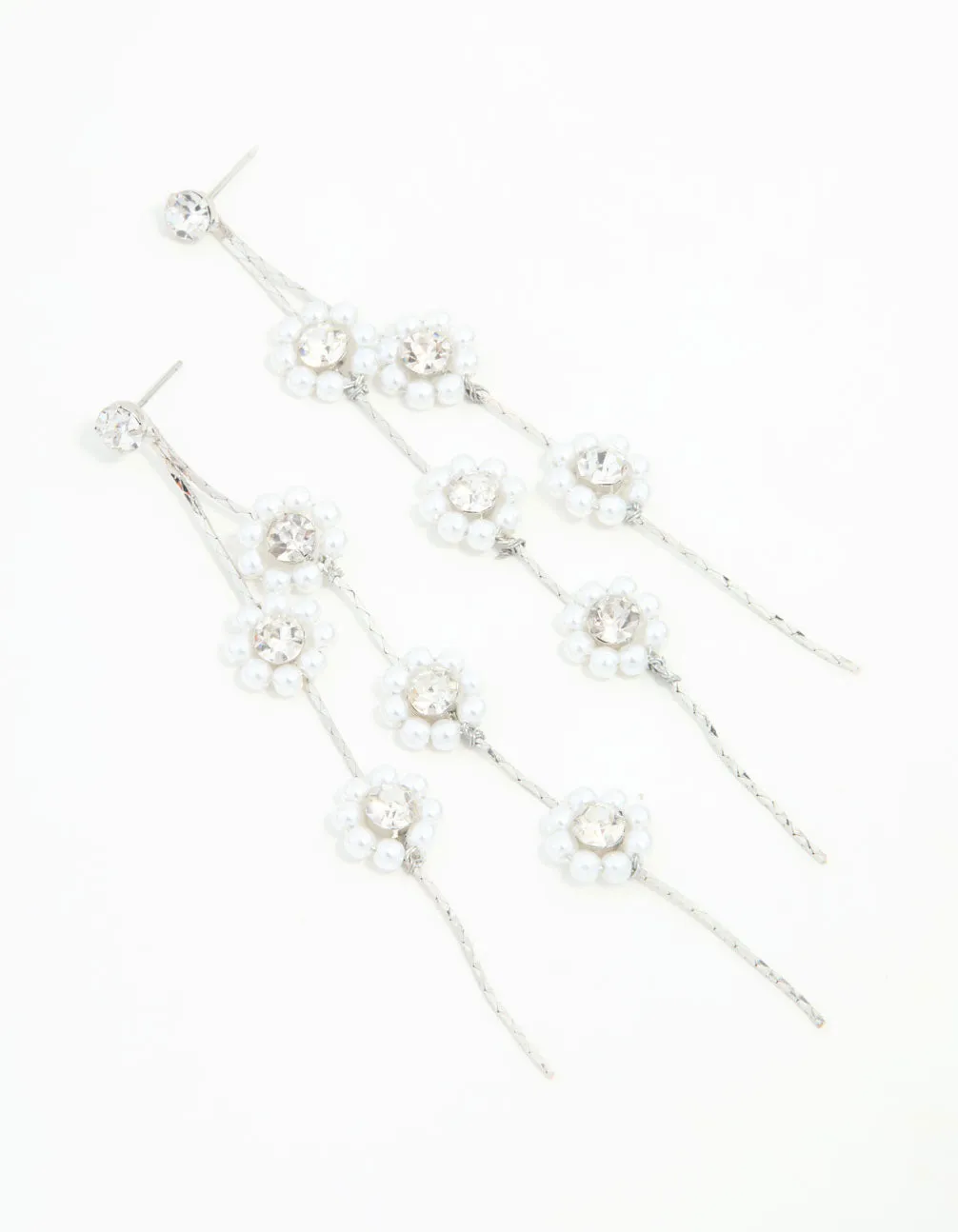 Rhodium Multirow Pearl & Diamante Flower Drop Earrings