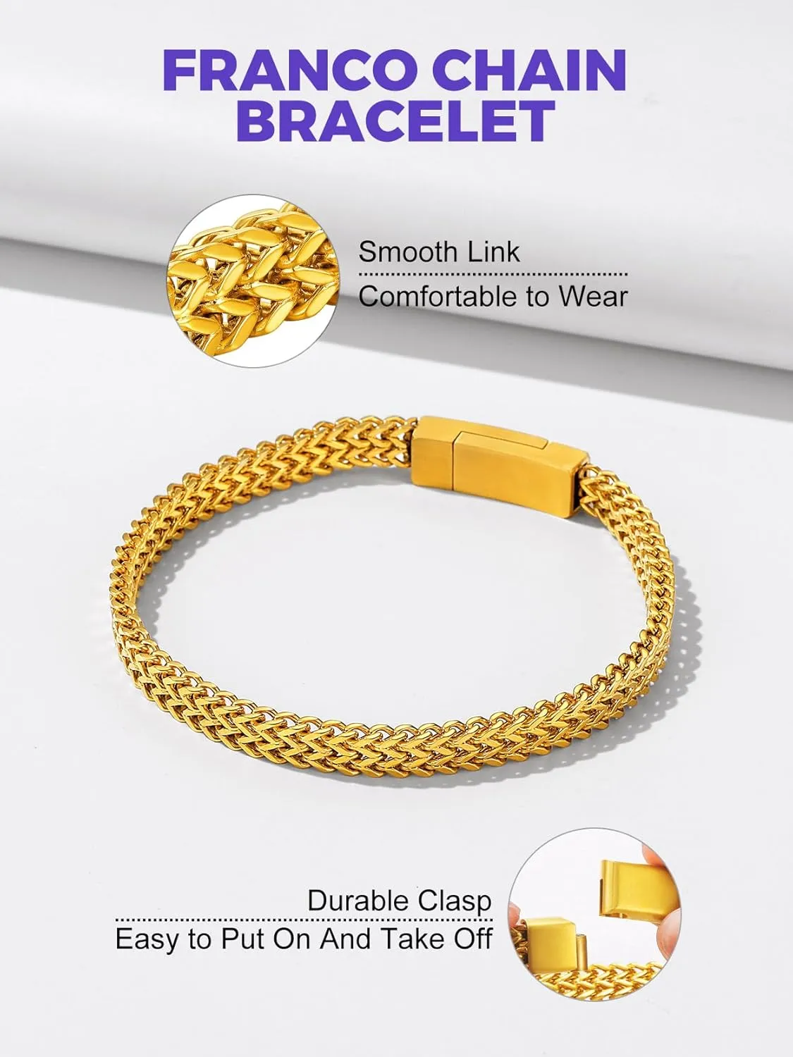 Richsteel Father's Day Bracelets for Men 6mm/10mm/12mm Width Stainless Steel With Sturdy Clasp Franco Curb Chain Mens Bracelet 7.4/8.2/9 Inches Length