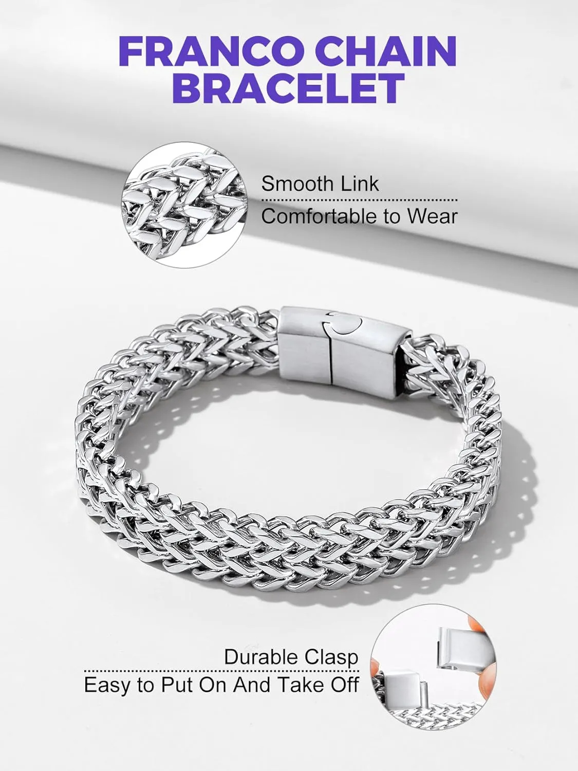 Richsteel Father's Day Bracelets for Men 6mm/10mm/12mm Width Stainless Steel With Sturdy Clasp Franco Curb Chain Mens Bracelet 7.4/8.2/9 Inches Length