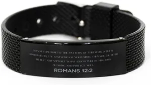 Romans 12:2 Christian Black Shark Mesh Bracelet Gifts, Faith Message Prayer Romans 12:2 Religious Bracelets for Women Men Romans 12:2 Bible Verse Inspirational Mantra Adjustable Bracelet Power of