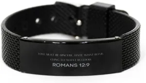 Romans 12:9 Christian Black Shark Mesh Bracelet Gifts, Faith Message Prayer Romans 12:9 Religious Bracelets for Women Men Romans 12:9 Bible Verse Inspirational Mantra Adjustable Bracelet Power of