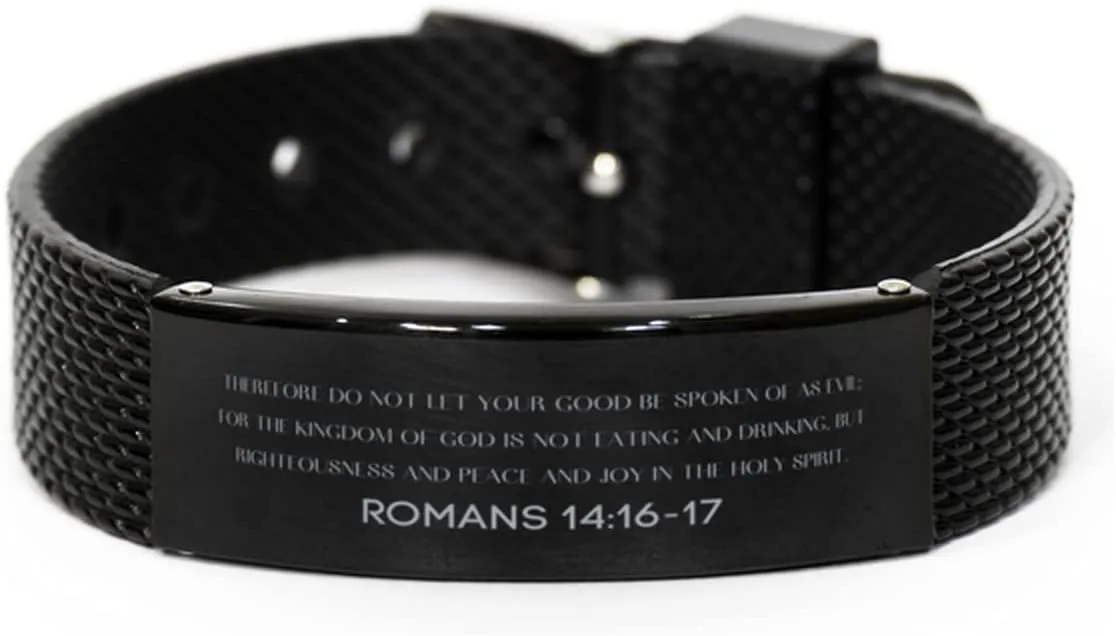 Romans 14:16-17 Christian Black Shark Mesh Bracelet Gifts, Faith Message Prayer Romans 14:16-17 Religious Bracelets for Women Men Romans 14:16-17 Bible Verse Inspirational Mantra Adjustable Bracelet