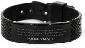 Romans 14:16-17 Christian Black Shark Mesh Bracelet Gifts, Faith Message Prayer Romans 14:16-17 Religious Bracelets for Women Men Romans 14:16-17 Bible Verse Inspirational Mantra Adjustable Bracelet