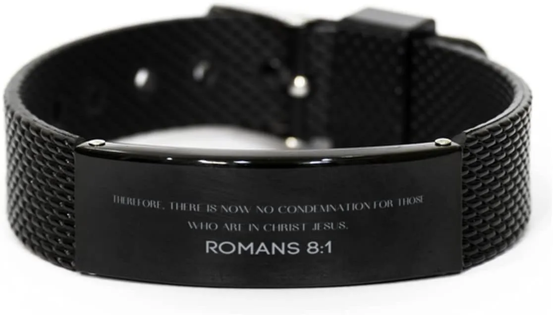 Romans 8:1 Christian Black Shark Mesh Bracelet Gifts, Faith Message Prayer Romans 8:1 Religious Bracelets for Women Men Romans 8:1 Bible Verse Inspirational Mantra Adjustable Bracelet Power of Faith