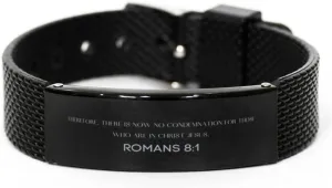 Romans 8:1 Christian Black Shark Mesh Bracelet Gifts, Faith Message Prayer Romans 8:1 Religious Bracelets for Women Men Romans 8:1 Bible Verse Inspirational Mantra Adjustable Bracelet Power of Faith
