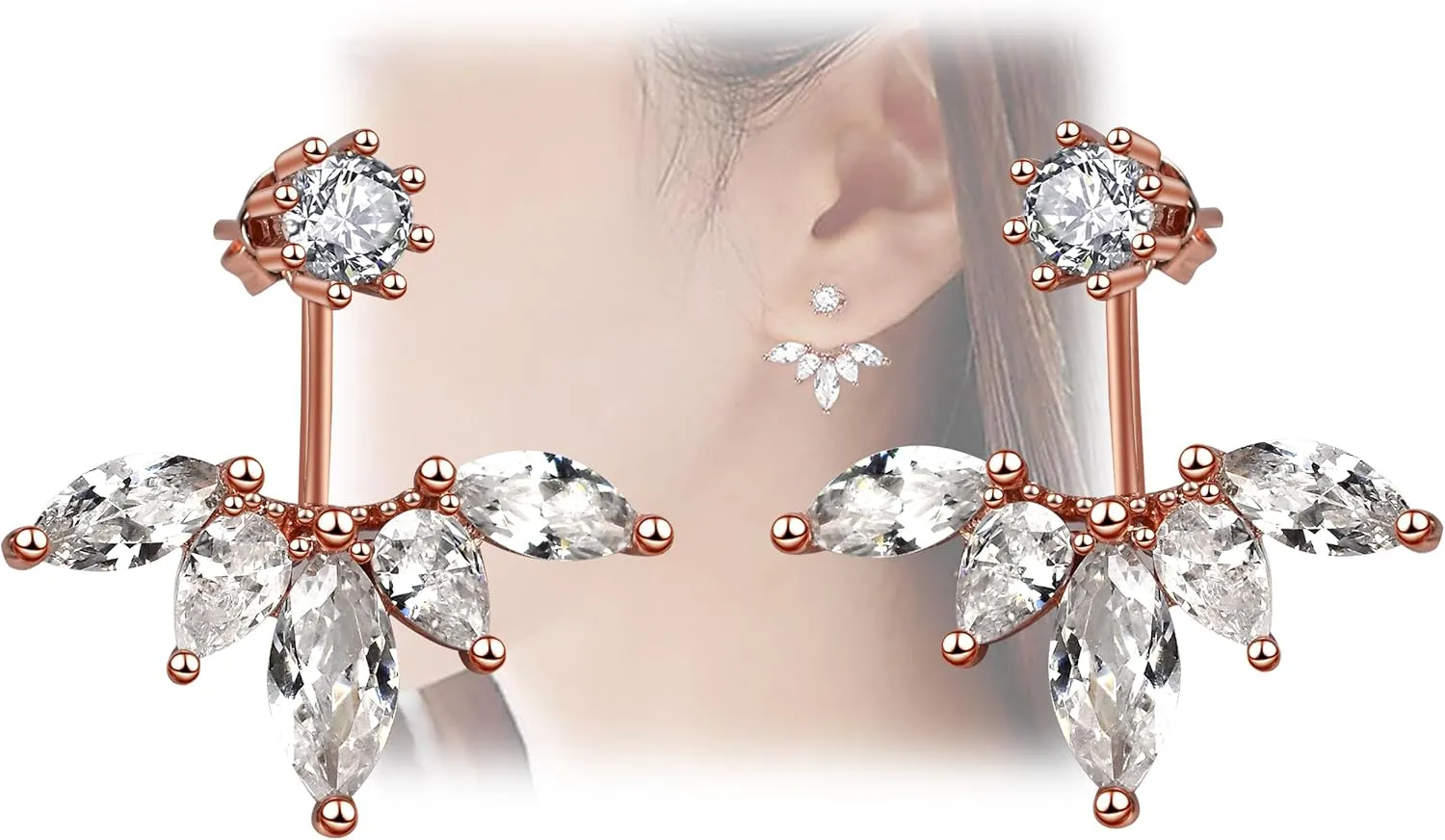 Rose Gold Leaf with Cz Crystal Ear Cuff Jacket Front Back Stud Earring for Woman