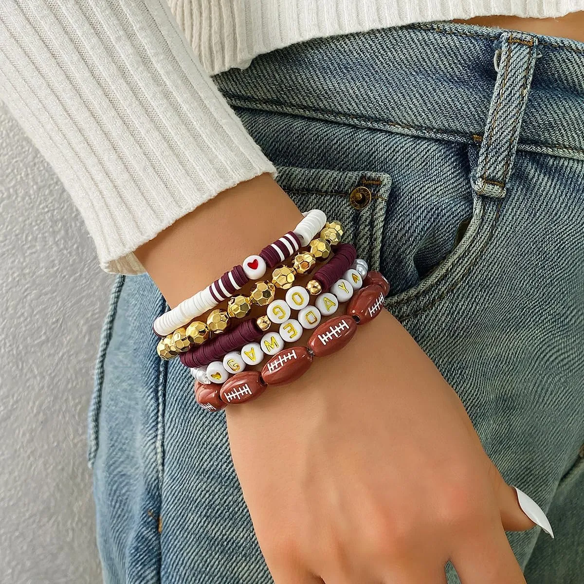 Rugby Bracelet Set for Women Men Friendship Bracelets Stackable Game Day Rugby Fan Bracelet Heishi Surfer Beaded Bracelet Set Stretch Sports Bracelet Set Bohemian Style jewelry
