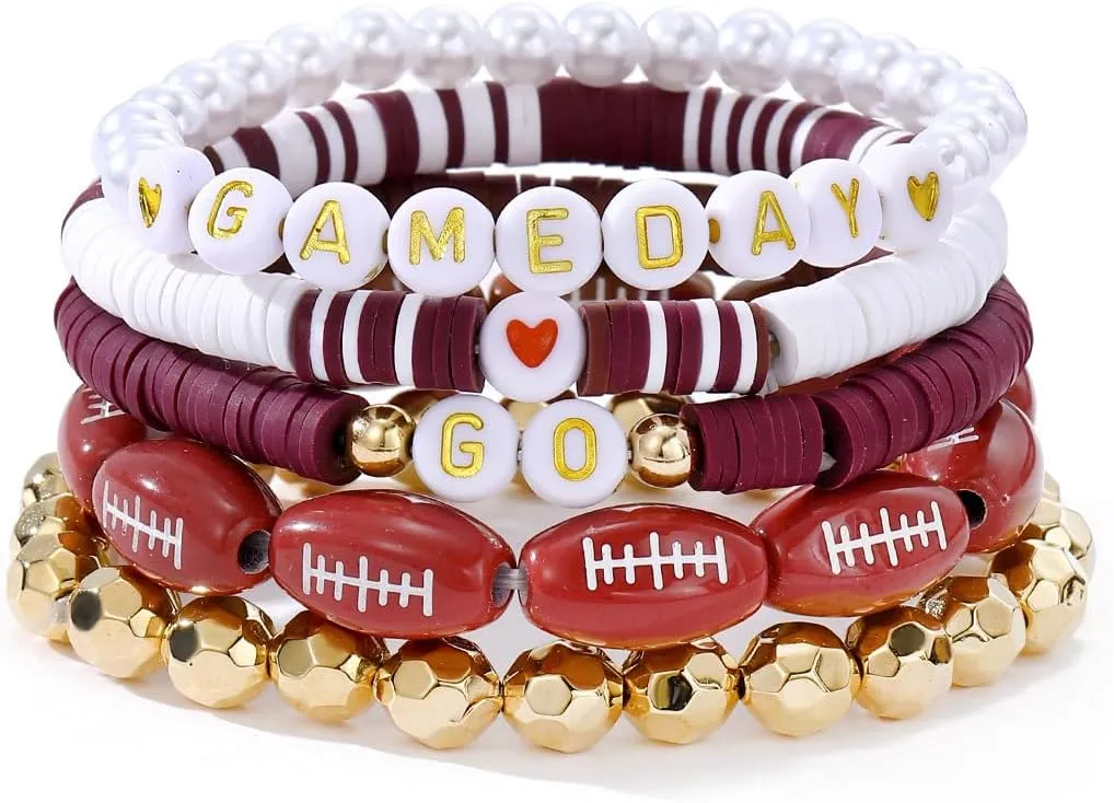 Rugby Bracelet Set for Women Men Friendship Bracelets Stackable Game Day Rugby Fan Bracelet Heishi Surfer Beaded Bracelet Set Stretch Sports Bracelet Set Bohemian Style jewelry