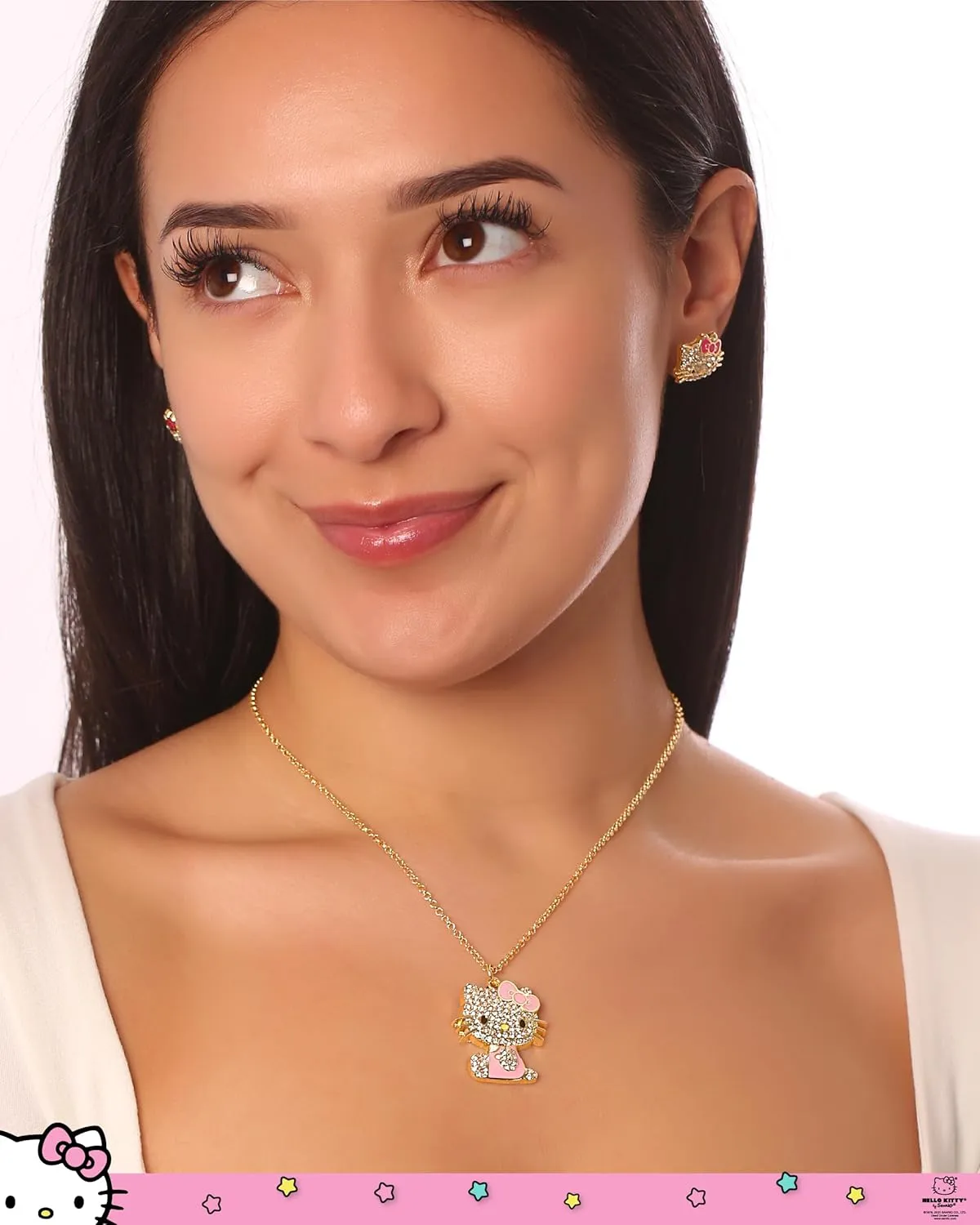 SALLY ROSE Hello Kitty Enamel and Pave Crystal Pendant Necklace Official License, Gold or Silver Tone 16" 3" Hello Kitty Necklace, Sanrio Gifts