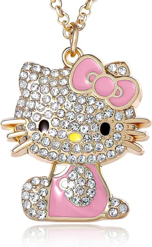 SALLY ROSE Hello Kitty Enamel and Pave Crystal Pendant Necklace Official License, Gold or Silver Tone 16" 3" Hello Kitty Necklace, Sanrio Gifts