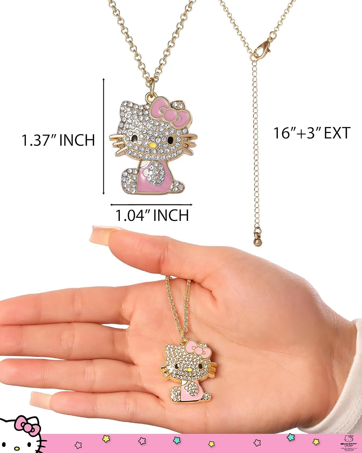 SALLY ROSE Hello Kitty Enamel and Pave Crystal Pendant Necklace Official License, Gold or Silver Tone 16" 3" Hello Kitty Necklace, Sanrio Gifts