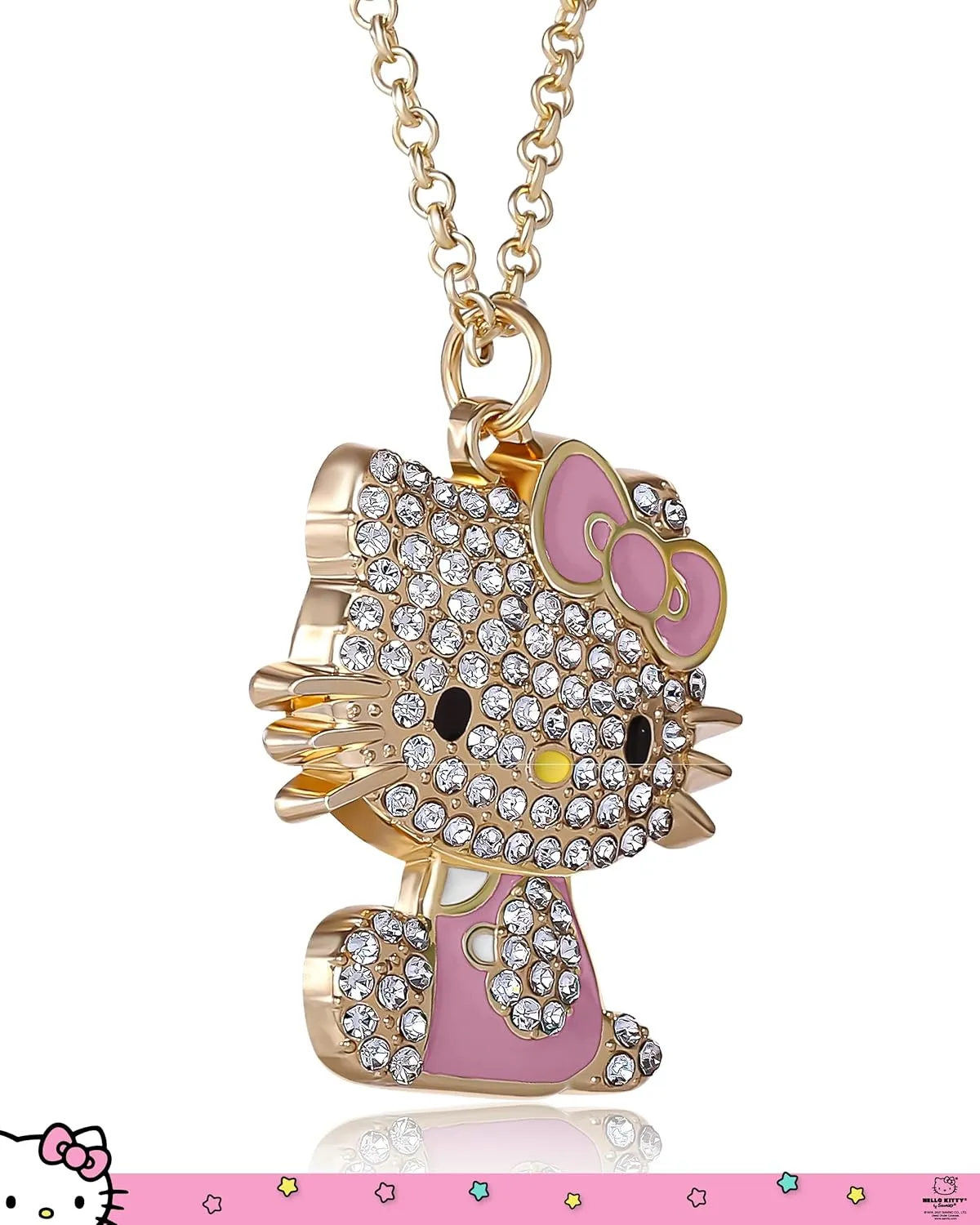 SALLY ROSE Hello Kitty Enamel and Pave Crystal Pendant Necklace Official License, Gold or Silver Tone 16" 3" Hello Kitty Necklace, Sanrio Gifts
