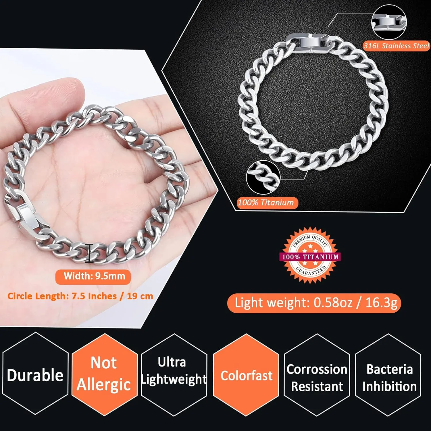 SanThree 9.5mm Solid Titanium Cuban Link Chain Bracelet for Men, Lightweight Skin-Friendly Hip Hop Bracelets for Birthday Graduation Friendship, 7"/7.5"/8",8.6"-9", Come with Gift Box