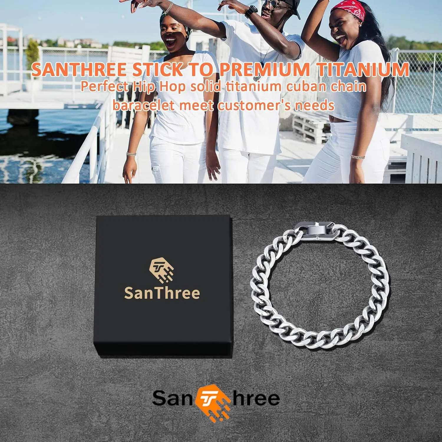 SanThree 9.5mm Solid Titanium Cuban Link Chain Bracelet for Men, Lightweight Skin-Friendly Hip Hop Bracelets for Birthday Graduation Friendship, 7"/7.5"/8",8.6"-9", Come with Gift Box