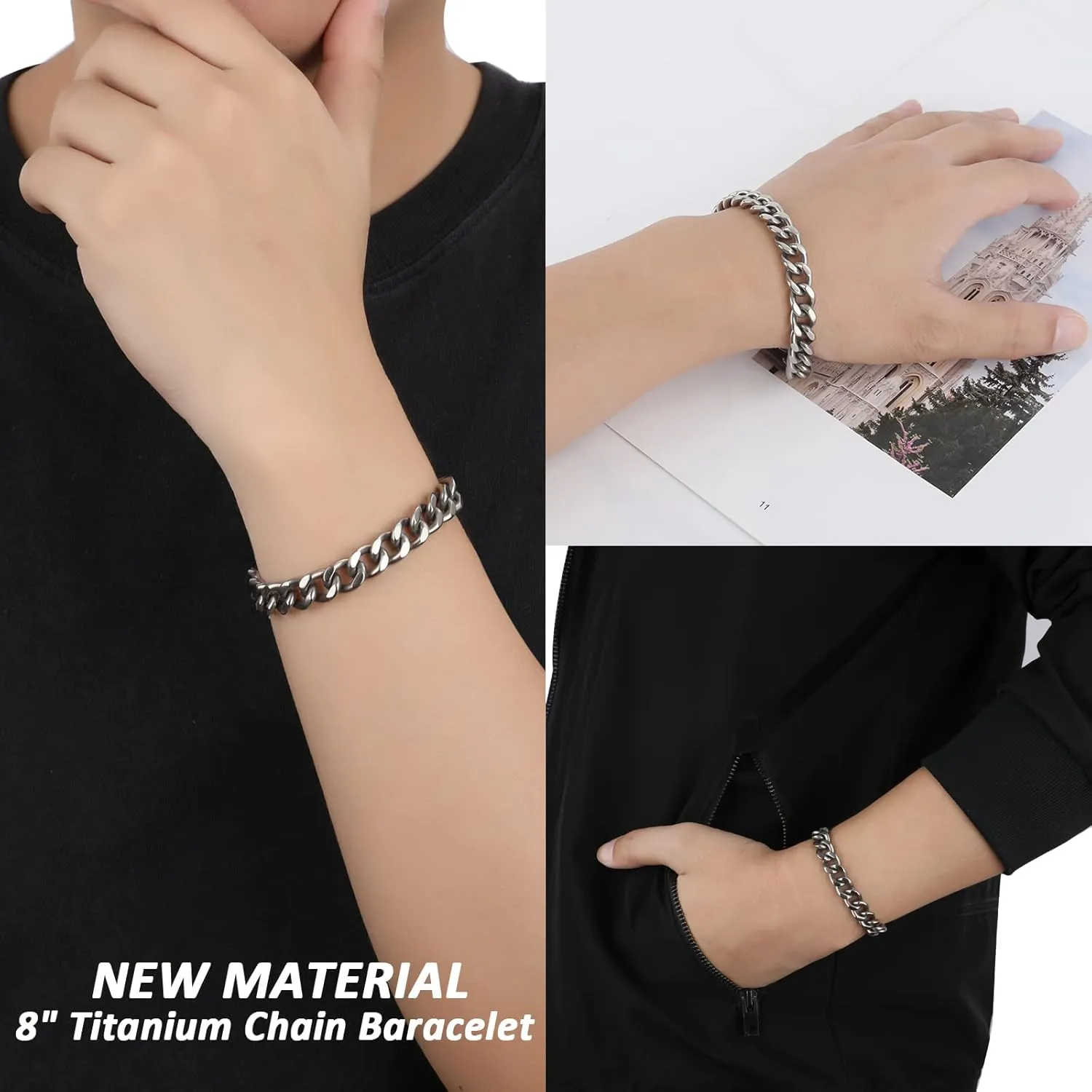 SanThree 9.5mm Solid Titanium Cuban Link Chain Bracelet for Men, Lightweight Skin-Friendly Hip Hop Bracelets for Birthday Graduation Friendship, 7"/7.5"/8",8.6"-9", Come with Gift Box