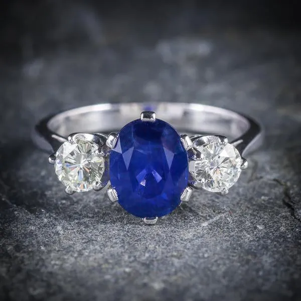 Sapphire Diamond Trilogy Ring 2.40Ct Sapphire 1.20Ct Diamond