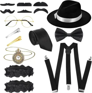 SATINIOR 1920s Old Men Costume Roaring Retro Accessories Set Gangster Hat Bow Tie Pocket Watch Suspender Glass Beard Tie Clip