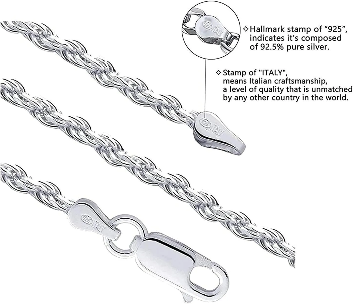 Savlano 925 Sterling Silver 6mm Solid Italian Rope Diamond Cut Twist Link Chain Necklace with Gift Box for Men & Women - Made in Italy