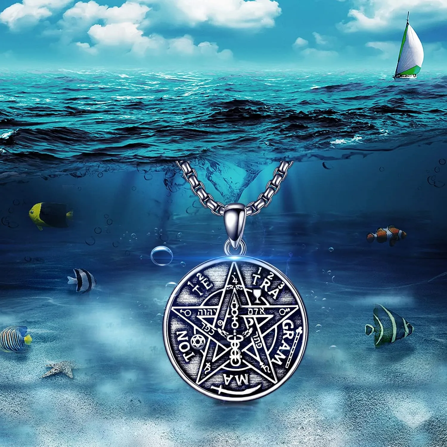 Seiyang 925 Sterling Silver Tetragrammaton Pendant Pentagram Necklace for Men Amulet Energy Pendant Tetragrammaton Jewelry Gifts for Men Boys with 2mm 22 2 In Rolo Chain