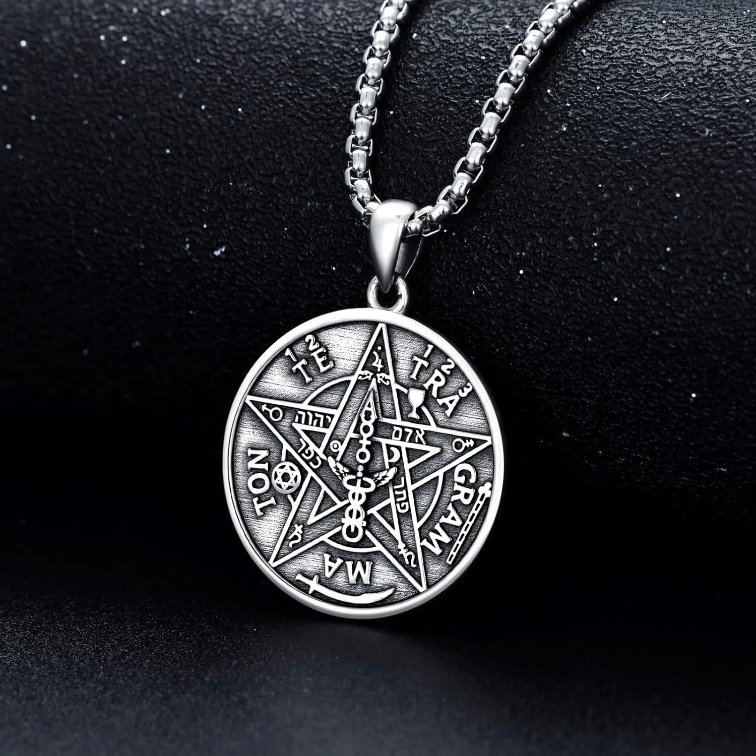 Seiyang 925 Sterling Silver Tetragrammaton Pendant Pentagram Necklace for Men Amulet Energy Pendant Tetragrammaton Jewelry Gifts for Men Boys with 2mm 22 2 In Rolo Chain