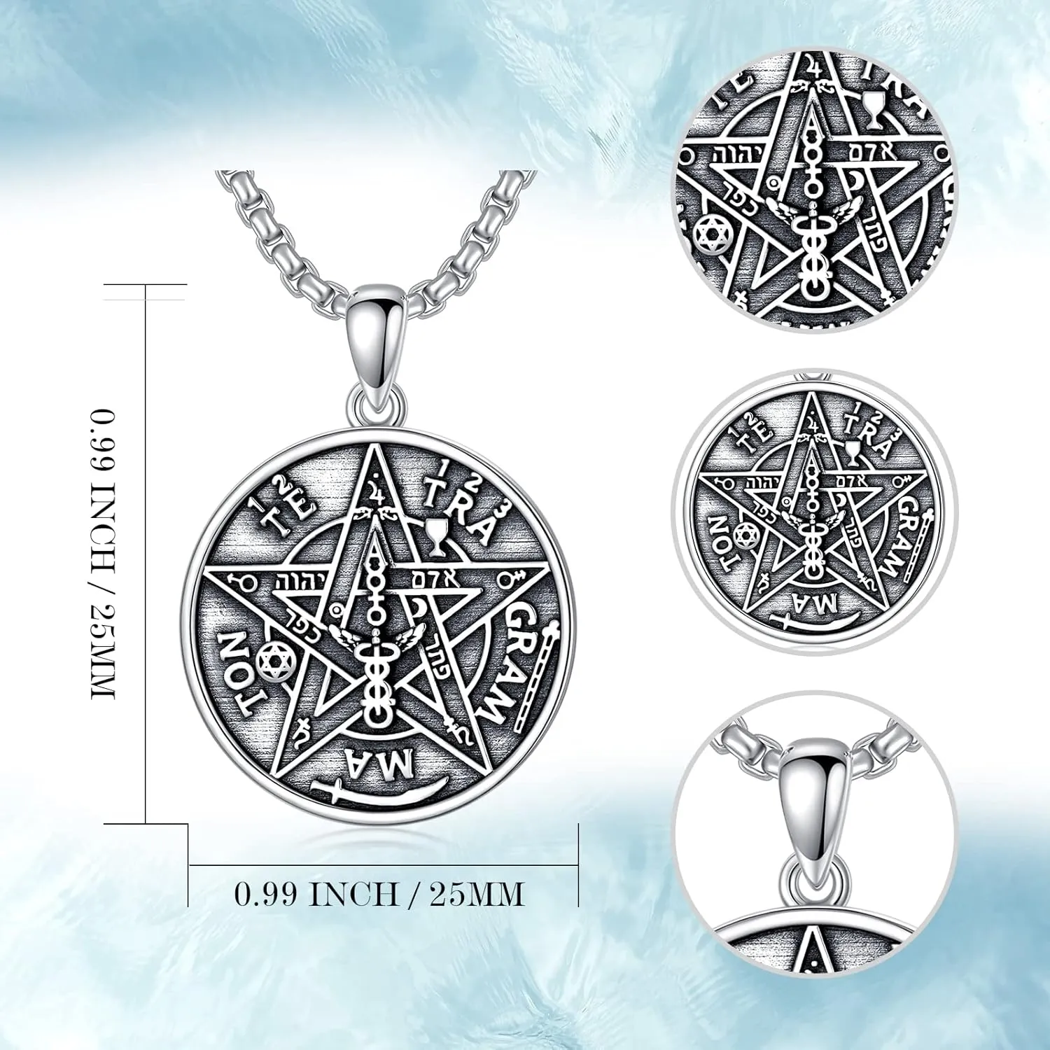 Seiyang 925 Sterling Silver Tetragrammaton Pendant Pentagram Necklace for Men Amulet Energy Pendant Tetragrammaton Jewelry Gifts for Men Boys with 2mm 22 2 In Rolo Chain
