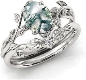 Seiyang Natural Moss Agate Ring 925 Sterling Silver Moss Agate Engagement Ring Set Promise Wedding Ring Jewelry Gift for Women