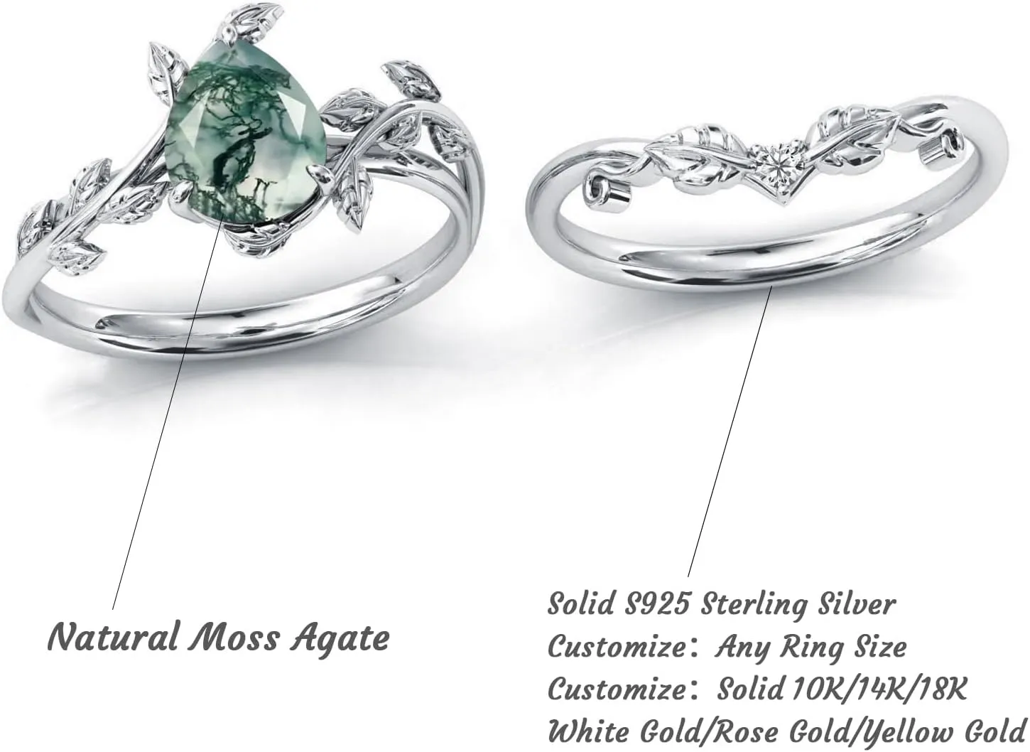 Seiyang Natural Moss Agate Ring 925 Sterling Silver Moss Agate Engagement Ring Set Promise Wedding Ring Jewelry Gift for Women