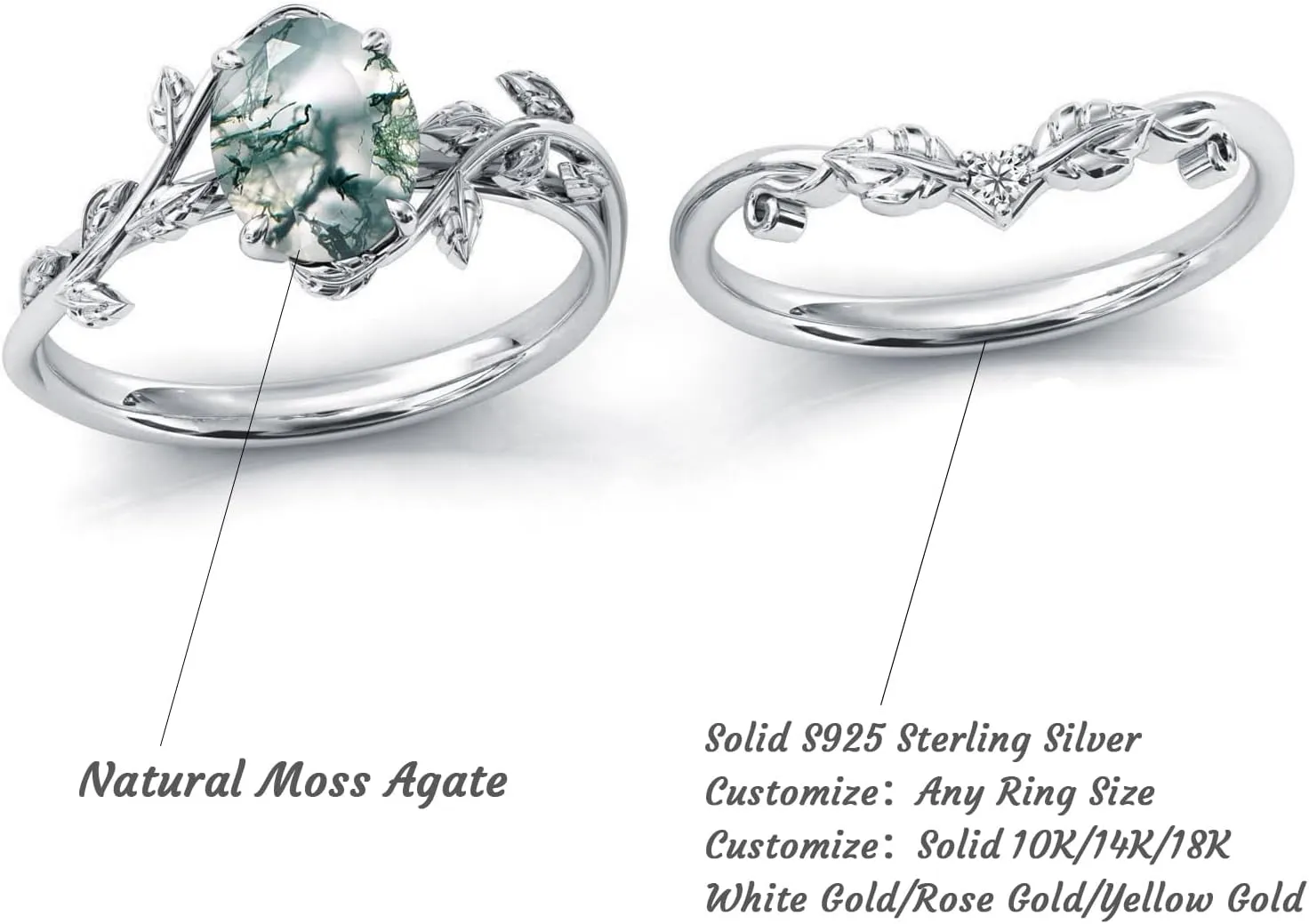 Seiyang Natural Moss Agate Ring 925 Sterling Silver Moss Agate Engagement Ring Set Promise Wedding Ring Jewelry Gift for Women