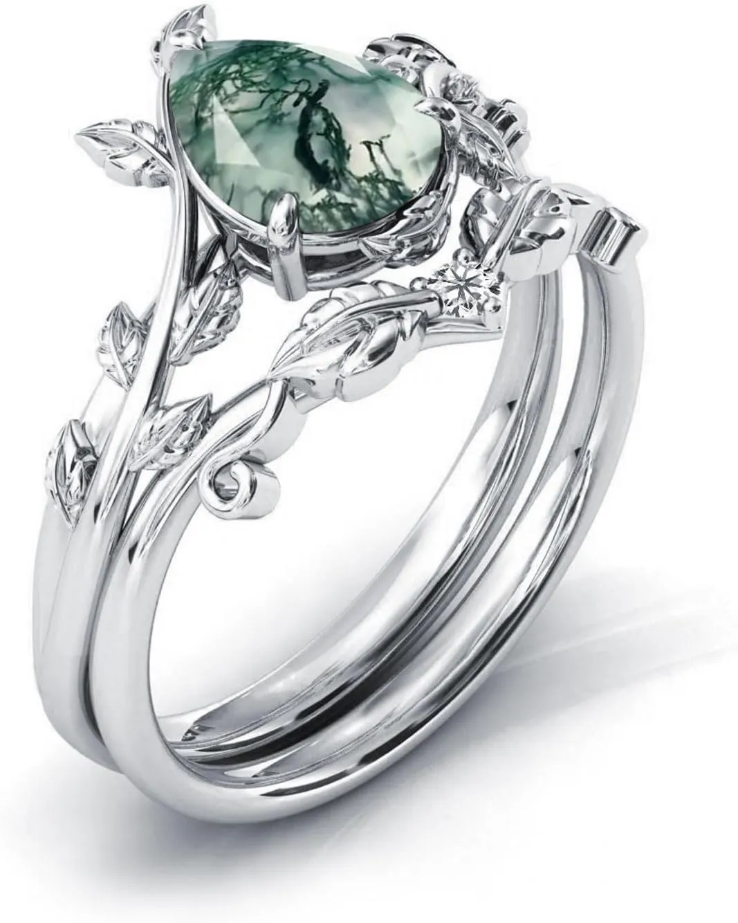 Seiyang Natural Moss Agate Ring 925 Sterling Silver Moss Agate Engagement Ring Set Promise Wedding Ring Jewelry Gift for Women