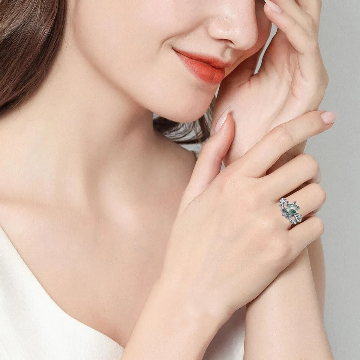 Seiyang Natural Moss Agate Ring 925 Sterling Silver Moss Agate Engagement Ring Set Promise Wedding Ring Jewelry Gift for Women