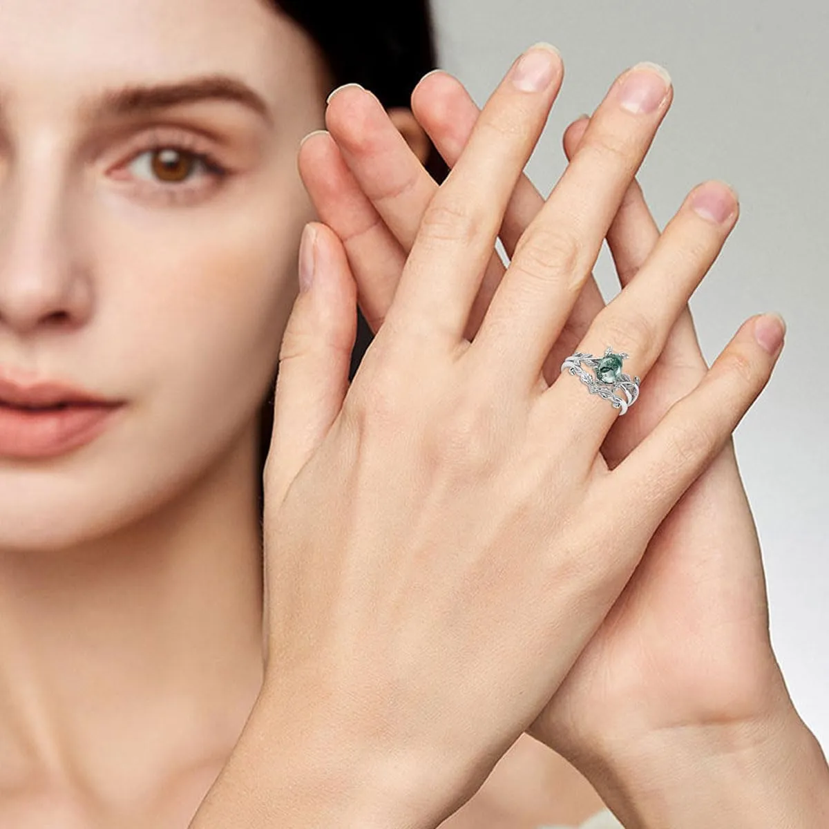 Seiyang Natural Moss Agate Ring 925 Sterling Silver Moss Agate Engagement Ring Set Promise Wedding Ring Jewelry Gift for Women