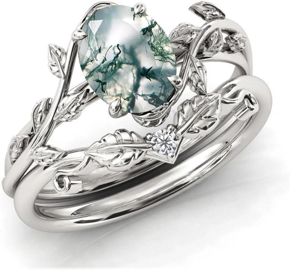 Seiyang Natural Moss Agate Ring 925 Sterling Silver Moss Agate Engagement Ring Set Promise Wedding Ring Jewelry Gift for Women