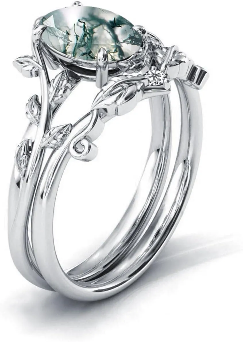 Seiyang Natural Moss Agate Ring 925 Sterling Silver Moss Agate Engagement Ring Set Promise Wedding Ring Jewelry Gift for Women