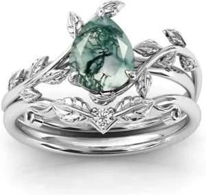 Seiyang Natural Moss Agate Ring 925 Sterling Silver Moss Agate Engagement Ring Set Promise Wedding Ring Jewelry Gift for Women