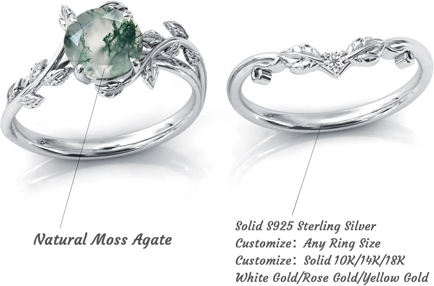 Seiyang Natural Moss Agate Ring 925 Sterling Silver Moss Agate Engagement Ring Set Promise Wedding Ring Jewelry Gift for Women