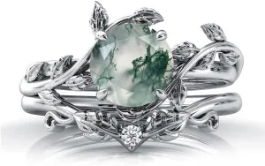 Seiyang Natural Moss Agate Ring 925 Sterling Silver Moss Agate Engagement Ring Set Promise Wedding Ring Jewelry Gift for Women