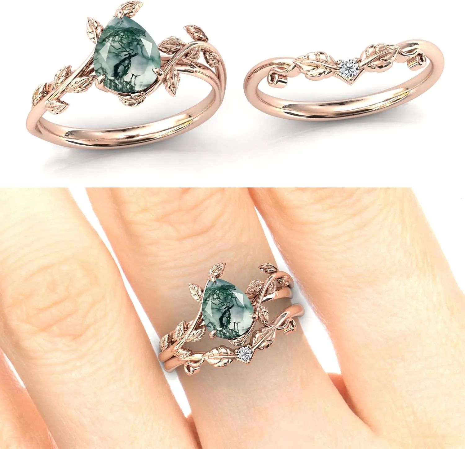 Seiyang Natural Moss Agate Ring 925 Sterling Silver Moss Agate Engagement Ring Set Promise Wedding Ring Jewelry Gift for Women