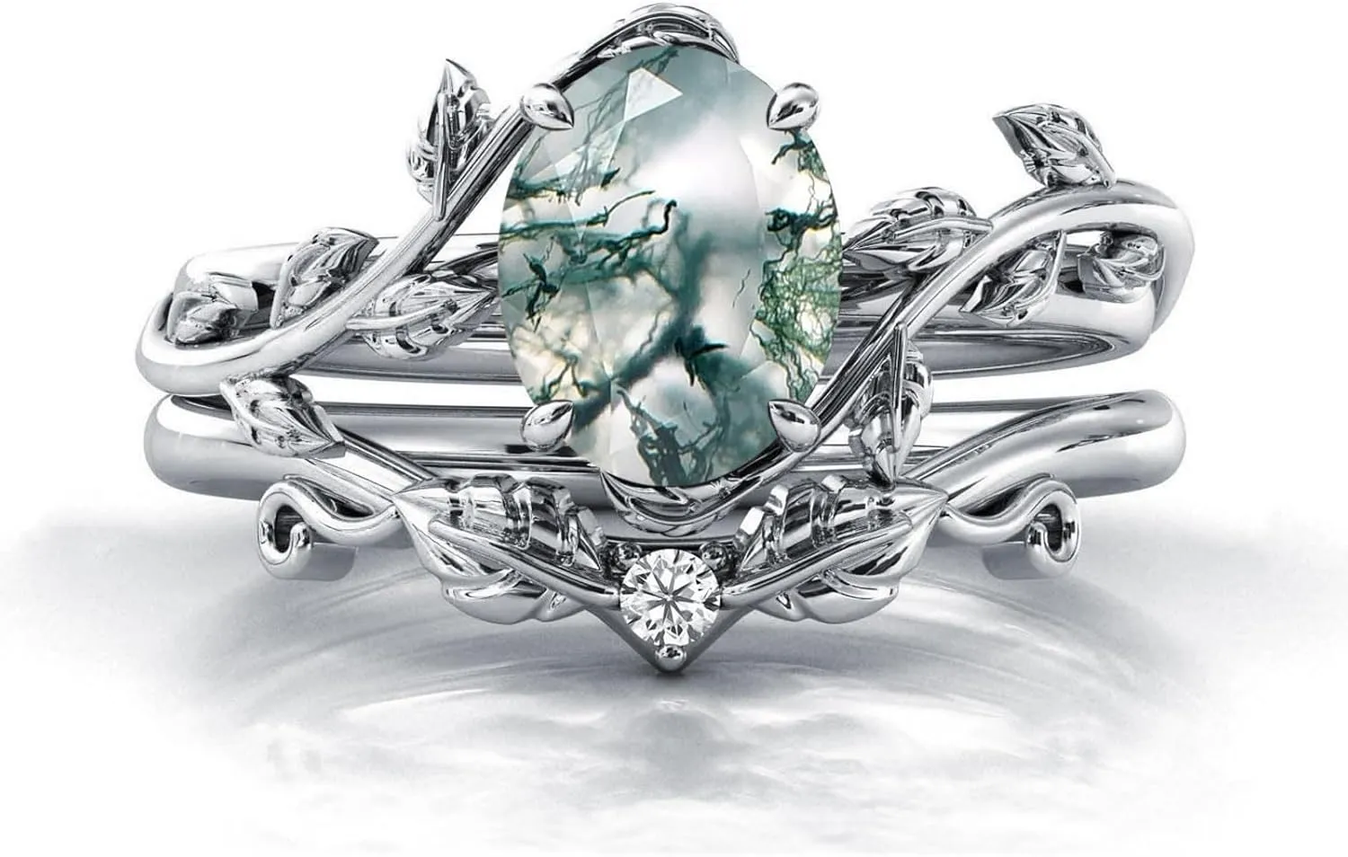 Seiyang Natural Moss Agate Ring 925 Sterling Silver Moss Agate Engagement Ring Set Promise Wedding Ring Jewelry Gift for Women