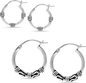 Set of 2 Pair 925 Sterling Silver Hoop Earrings for Women | Bali Double Hoop Earrings Set | Classic Textured Diamond-Cut Click-Top Hoops Earring Gifts for Her